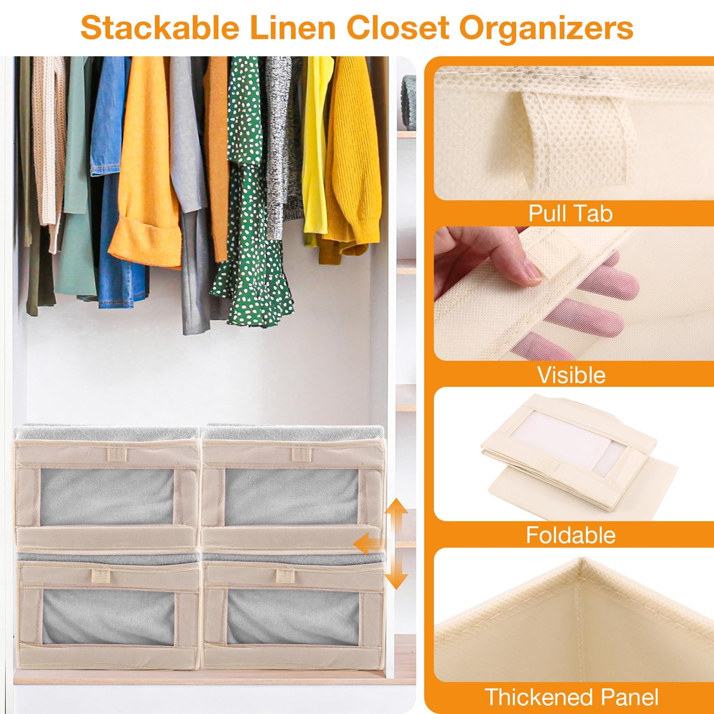 Micvtve 4 PCS Linen Wardrobe Storage Organiser Foldable Storage Bins Baskets for Organization Foldable Organizer with Clear Window Organizing