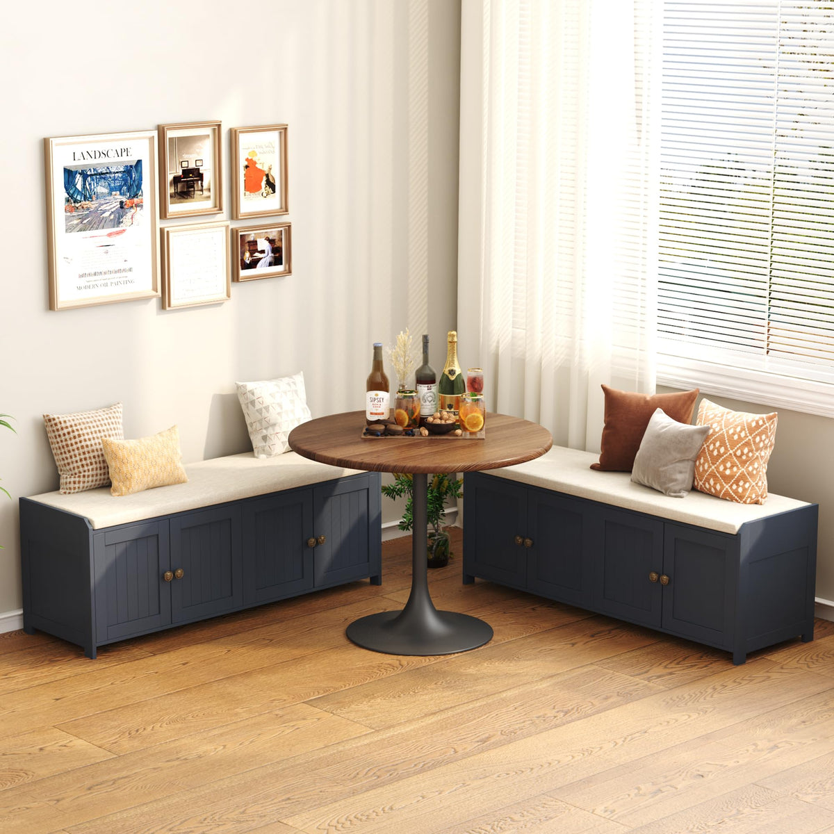 HOME BI Shoe Storage Bench with Cushion, 4 Door Entryway Bench with Padded Seat, 2-Tier Shoe Organizer with Adjustable Shelves