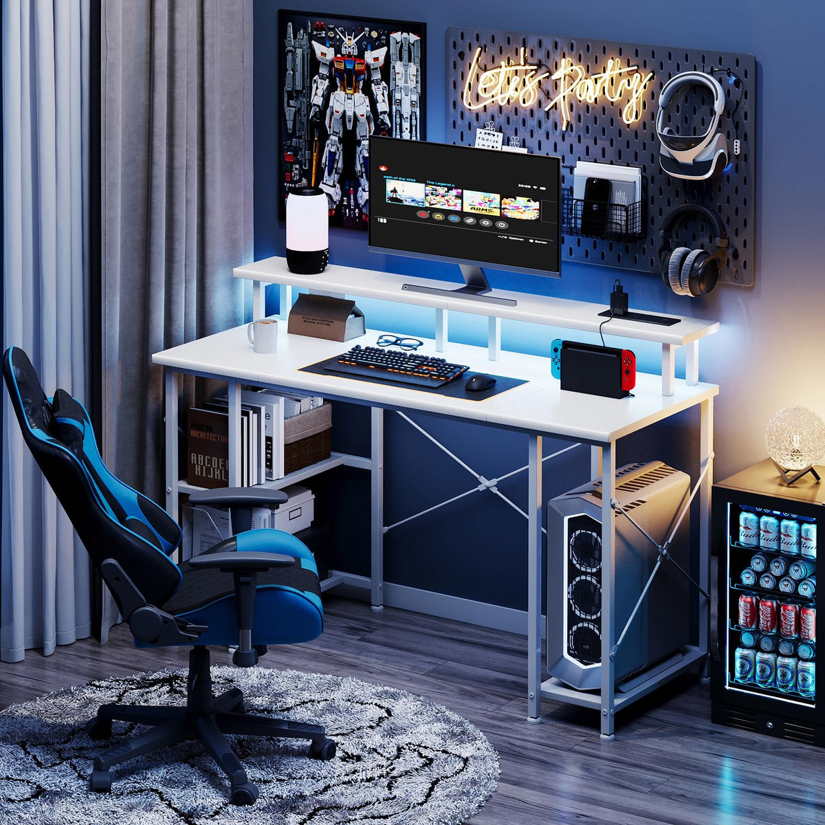 MUTUN Gaming Desk with LED Lights & Power Outlets, 120x50cm Computer Desk with Storage Shelves and Dual Monitor Stand