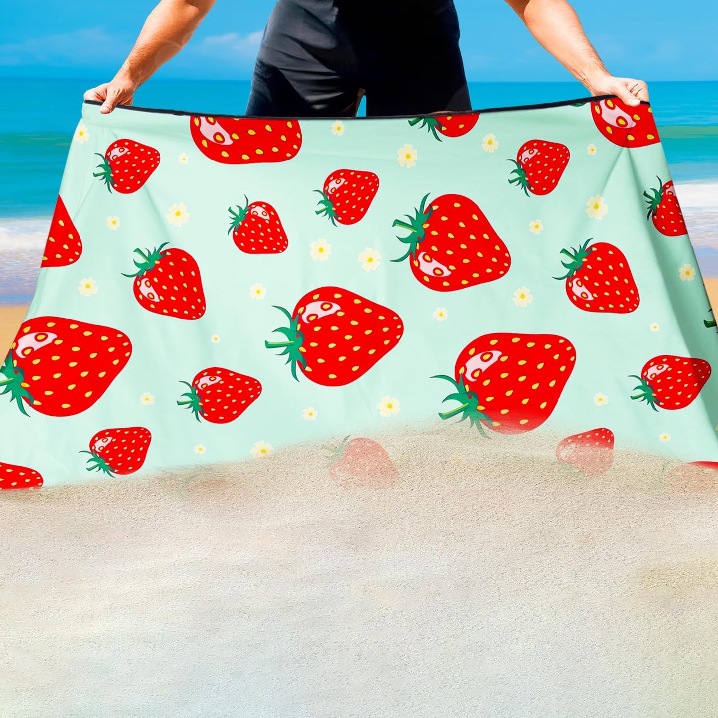 Violetpos Mint Green Strawberry Beach Towel, Extra Large 180x90 cm 250GSM Microfibre, Sand Free Quick Dry