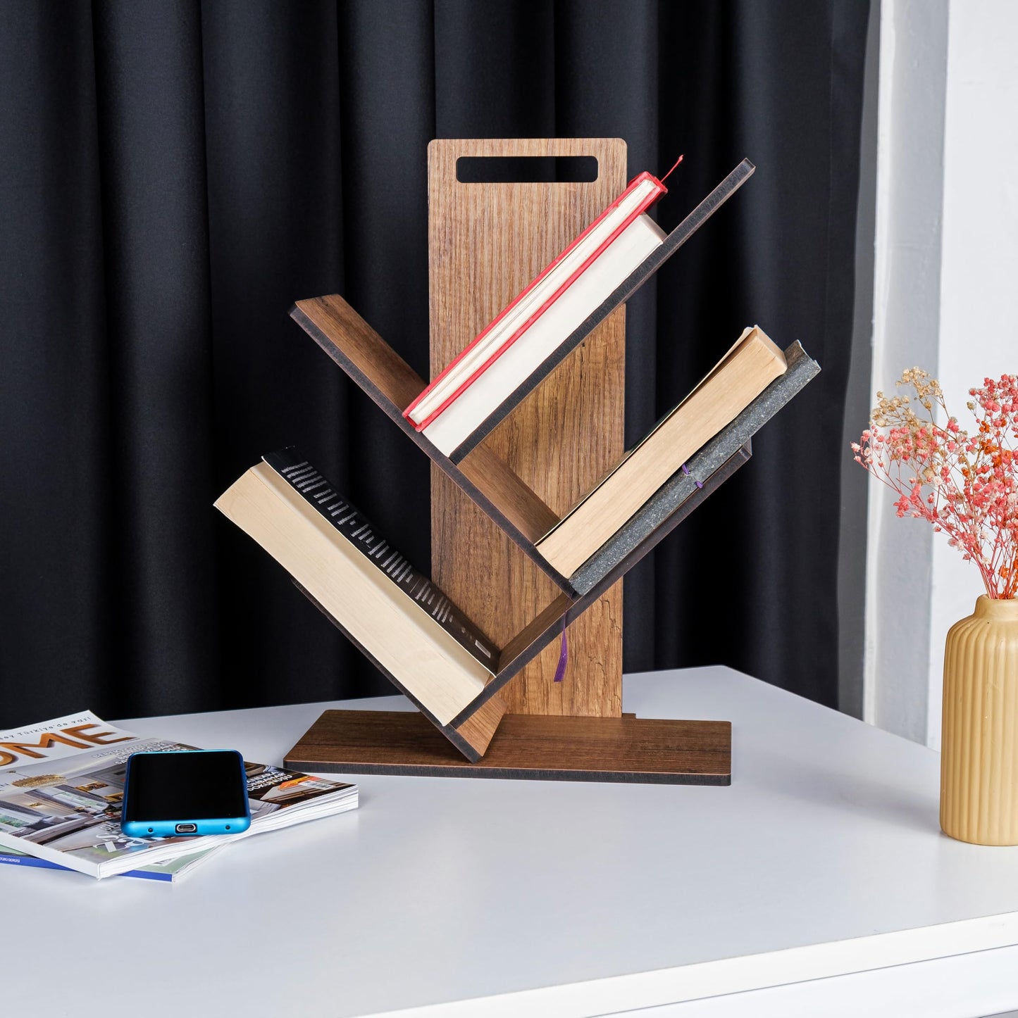 vigowood Tree Bookshelf with 3 Shelves, Geometric Design, Small Size, Wood Construction