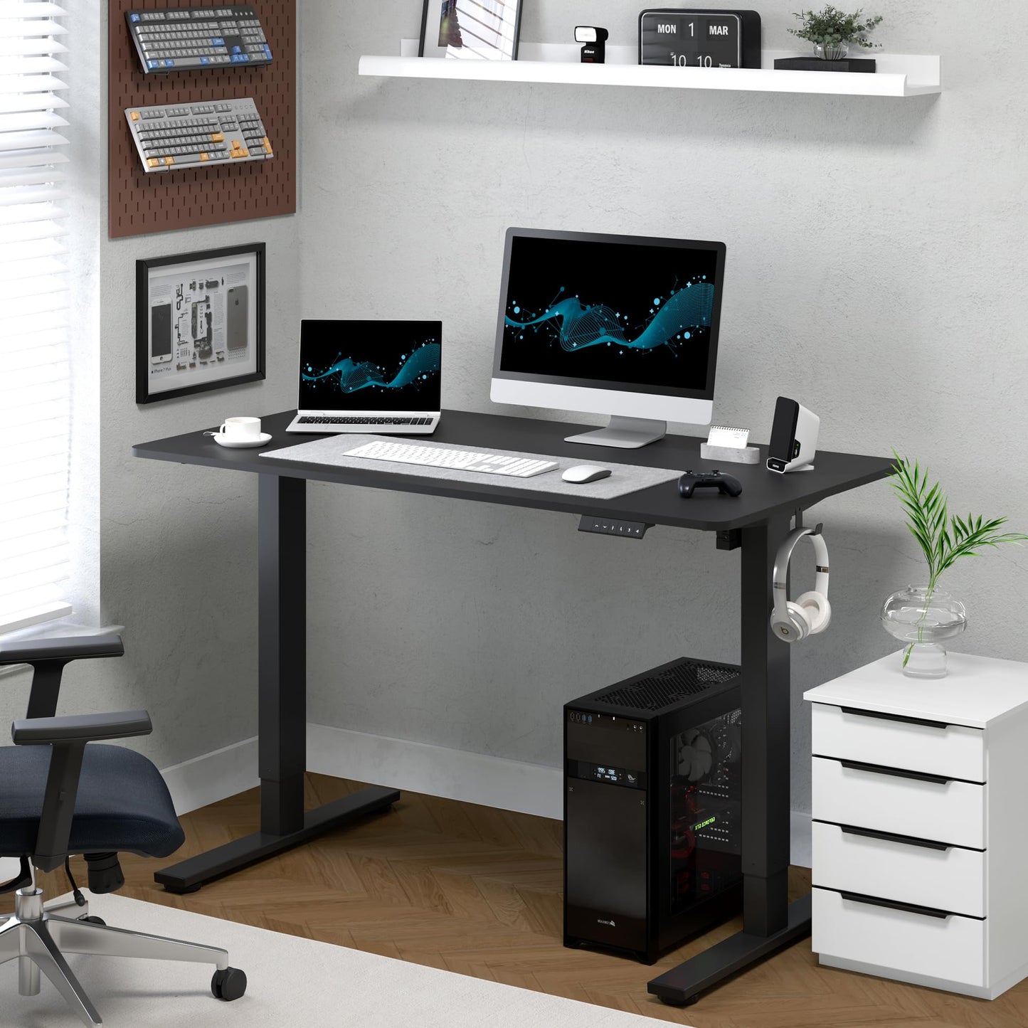 FLEXISPOT ONE PIECE Electric Standing Desk, Height Adjustable Ergonomic Stand up with Cable Management TrayM, Backpack Hook