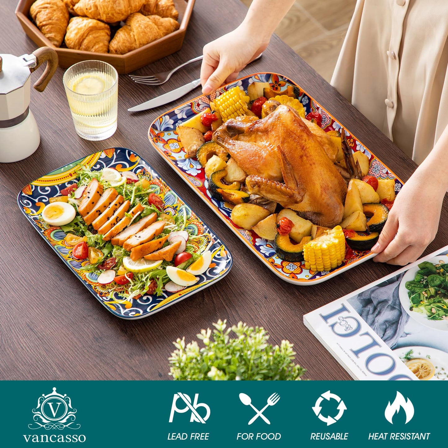 vancasso SIMI02 Serving Platter, 16/14/12 in Large Porcelain Serving Dishes, 3-Piece Rectangle Serving Plates, Easy-Clean Sushi Platters for Party,