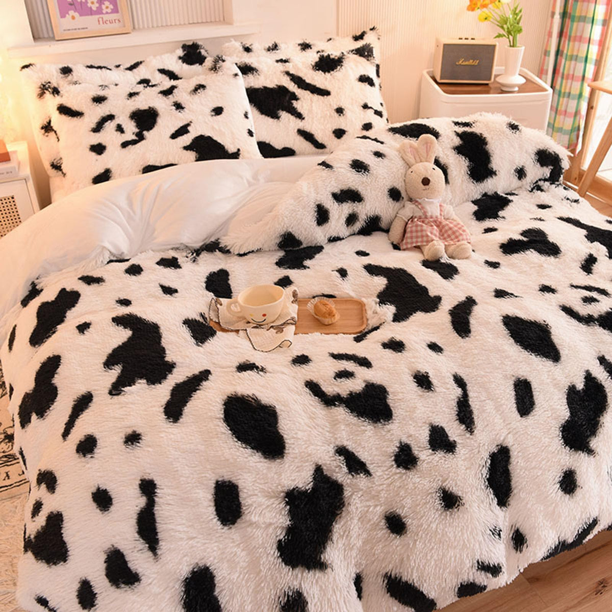 ZIQINPSQ Plush Shaggy Duvet Cover Set,Tie Dye Faux Fur Bedding Set for Teens Girls Soft Velvet Fluffy Fuzzy Comforter Cover Bed Set (Cow, King)