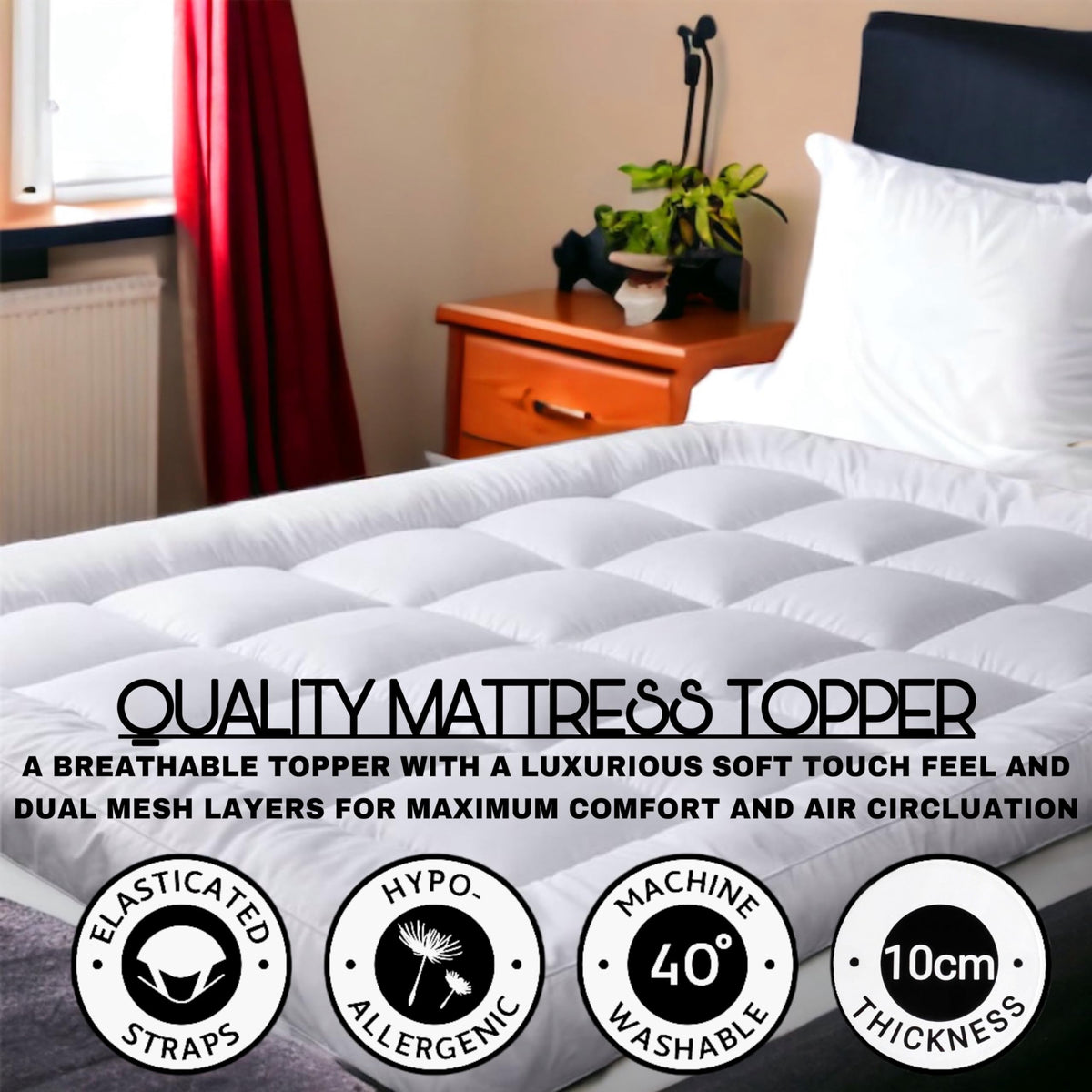 VL Mattress Topper King Size 10cm Thick Microfiber Quilted Fluffy and Soft Mattress Protector with Strong Corner Straps for Firm Grip WHITE (10cm