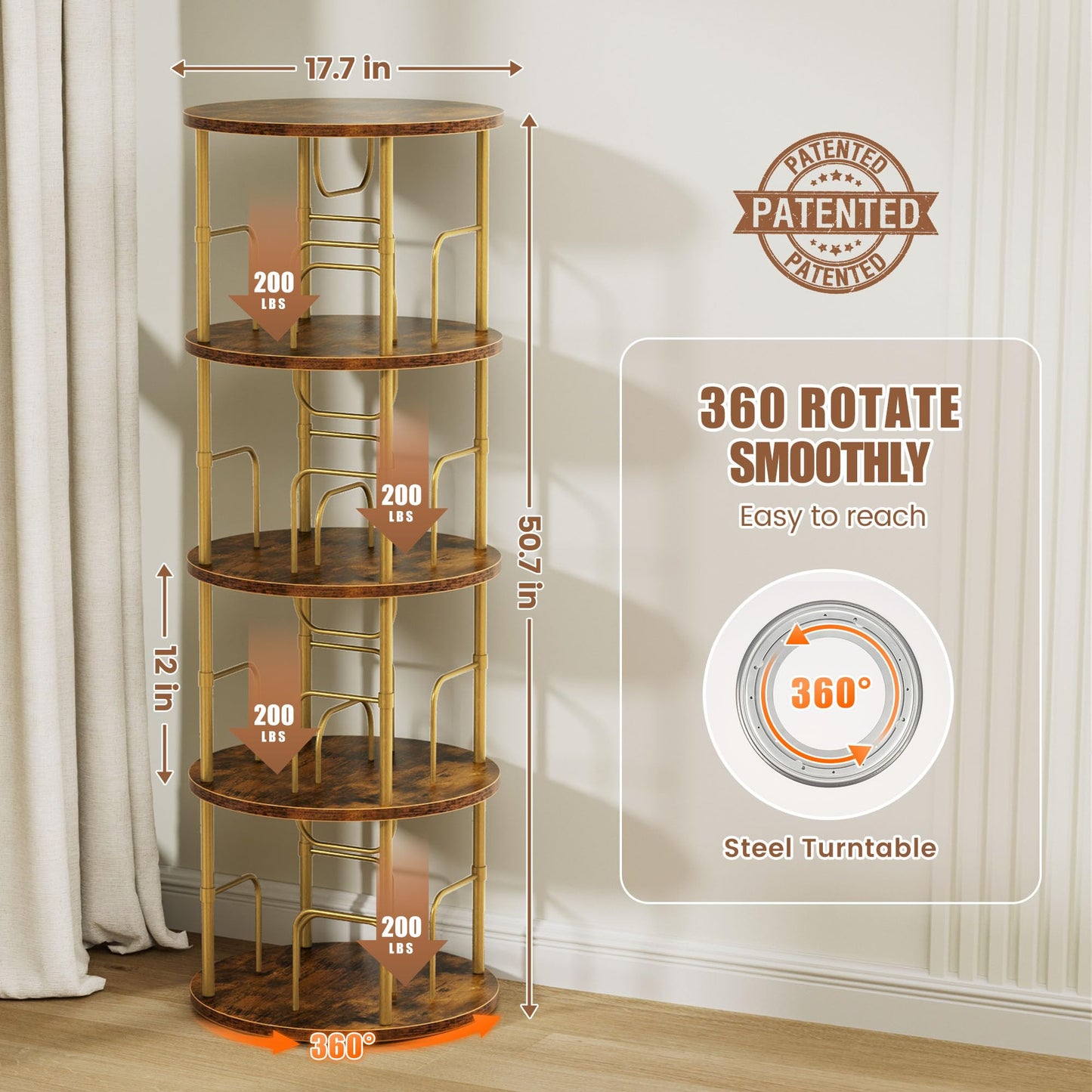 OCTORO 4 Tier Rotating Bookshelf, 360° Corner Bookshelf Tower, Round Revolving Bookcase with Adjustable Levels, Spinning Book Shelf for Home Office