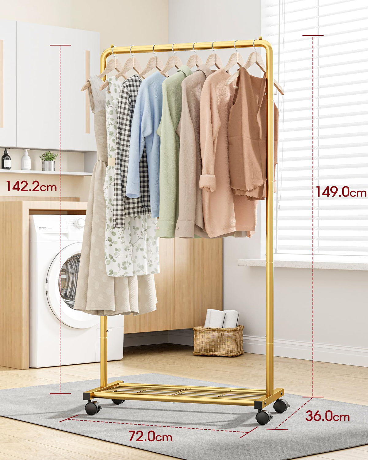 Sakugi Clothes Rail - Movable Clothes Rack with Bottom Shoes Shelf, Heavy-Duty Clothing Rail for Hanging Clothes, Coats, Dresses, Clothes Rail for