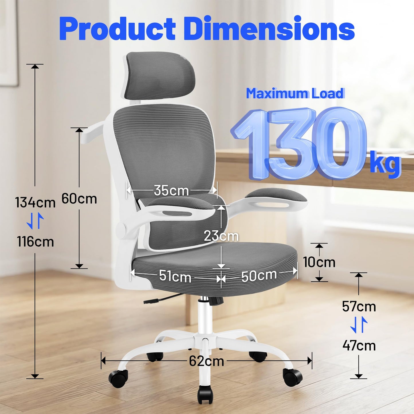 Coscendo Ergonomic Office Chair with Headrest & Lumbar Support, Grey