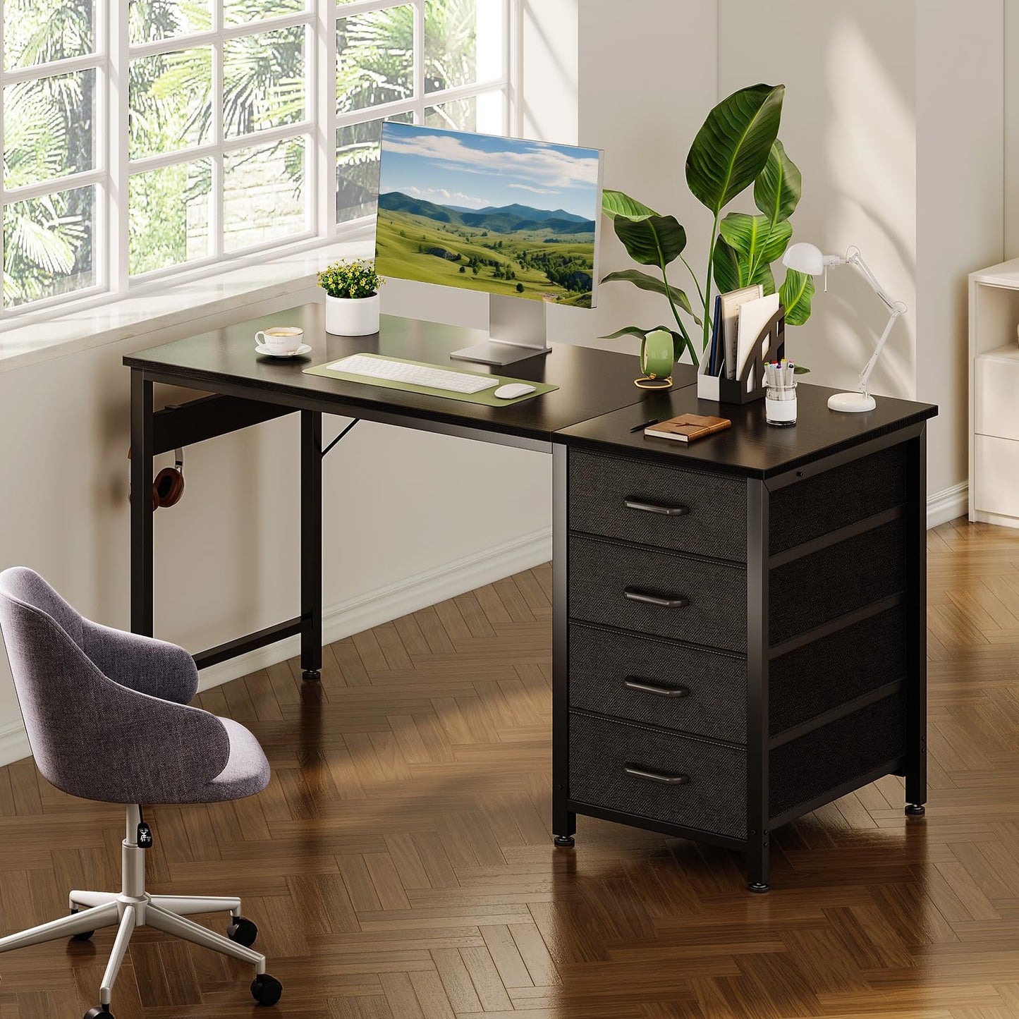 ODK Computer Desk with Drawers, Reversible Office Desk, 120 x 48 cm, Black