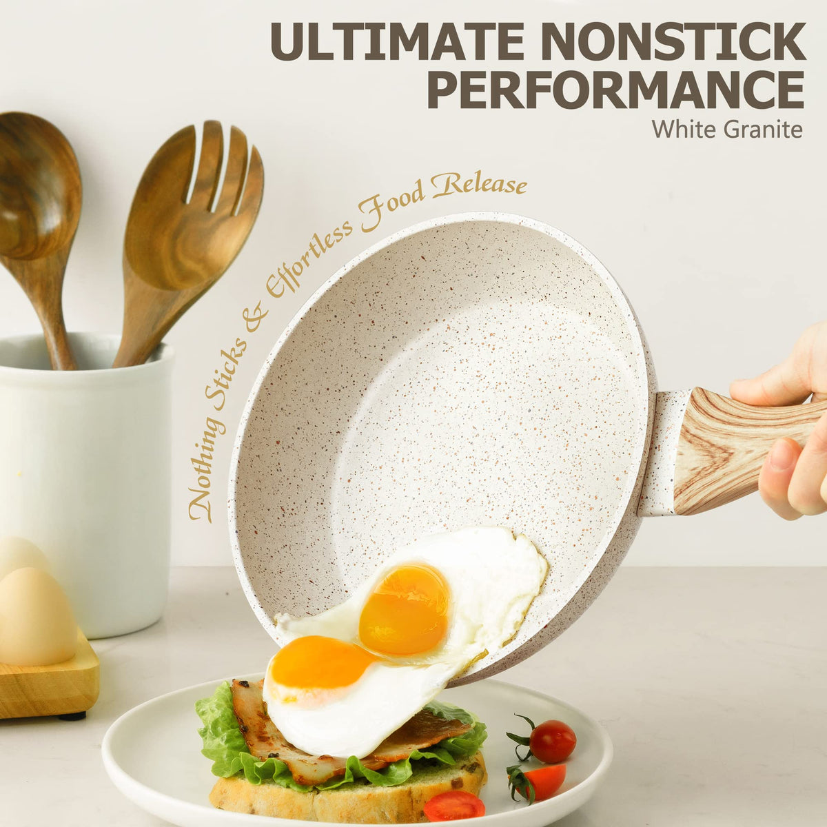 MICHELANGELO Frying Pan with Lid 30cm, Nonstick Fry Pan with Lid, Nonstick White Granite Frying Pan with Bakelite Handle, Healthy & Non-Toxic Fry Pan,