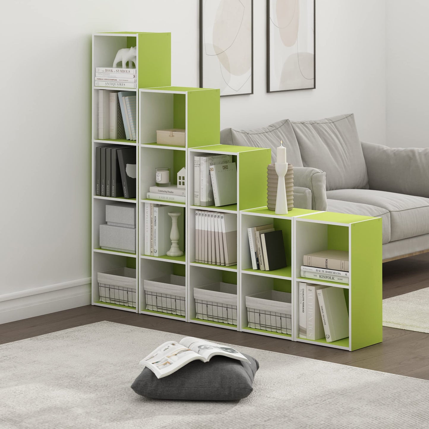 Furinno PASIR Book Shelf, 4-Tier Modern Bookshelf, Open Shelves Bookcase 9 x 12 x 42, for Living Room, Bedroom, Home Office, Green/White