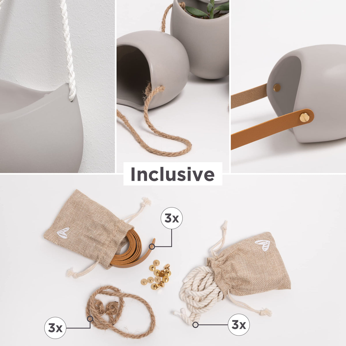 Kazai. Wall Planters -Ellie- | Hanging Ceramic Plant Pots, 3 Pieces, for Succulents and more | Wall Decoration for Indoors, Balcony and Garden | Light