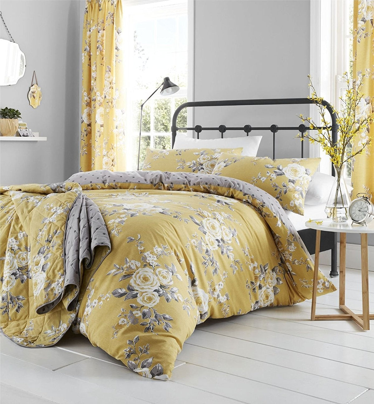 Catherine Lansfield Canterbury Floral 66x72 Inch Lined Eyelet Curtains Two Panels Ochre Yellow