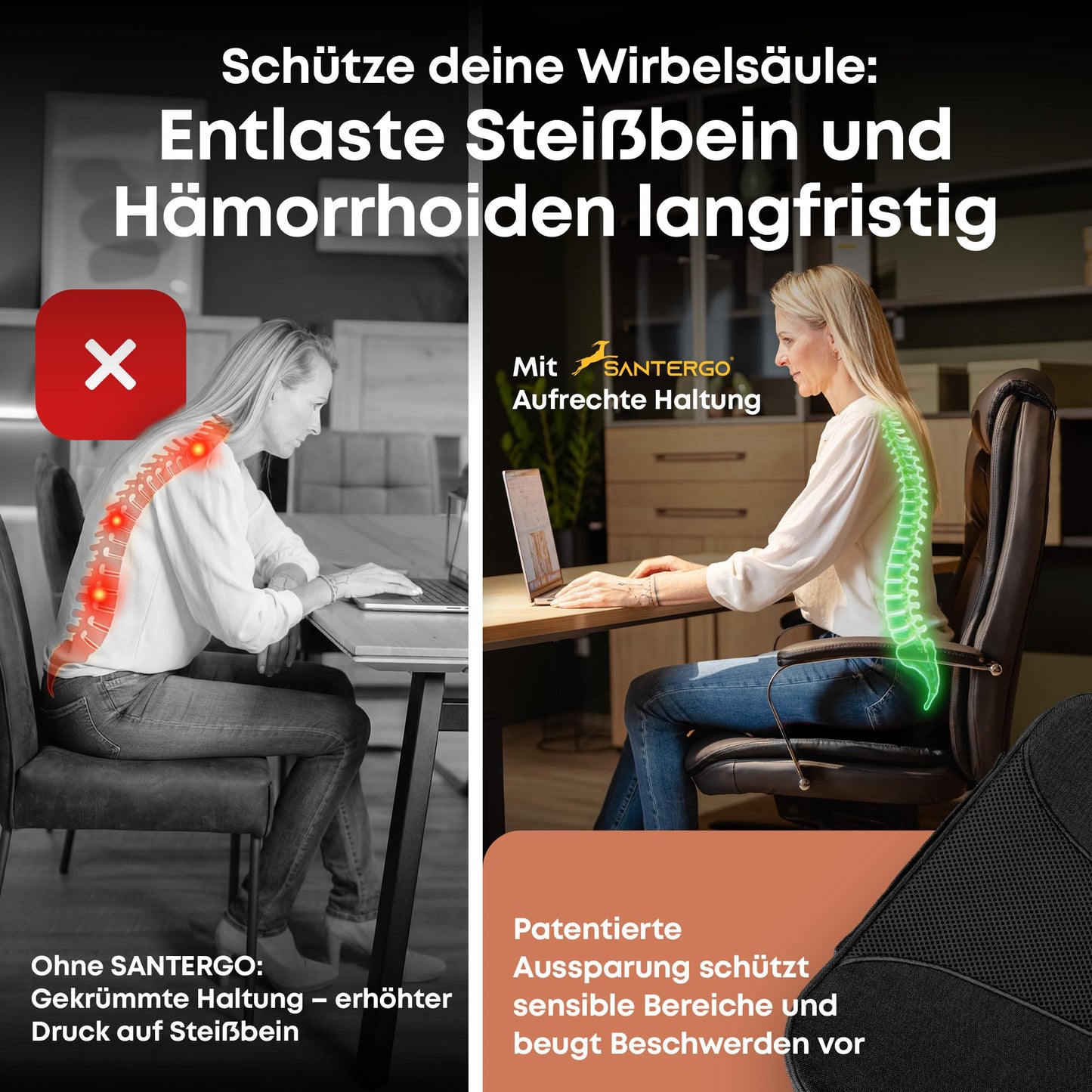 SANTERGO Ergonomic Seat Cushion Made of Moulded Foam [Patented & Dimensionally Stable] Chair Cushion Wedge Cushion Chair Office Chair Wheelchair Car