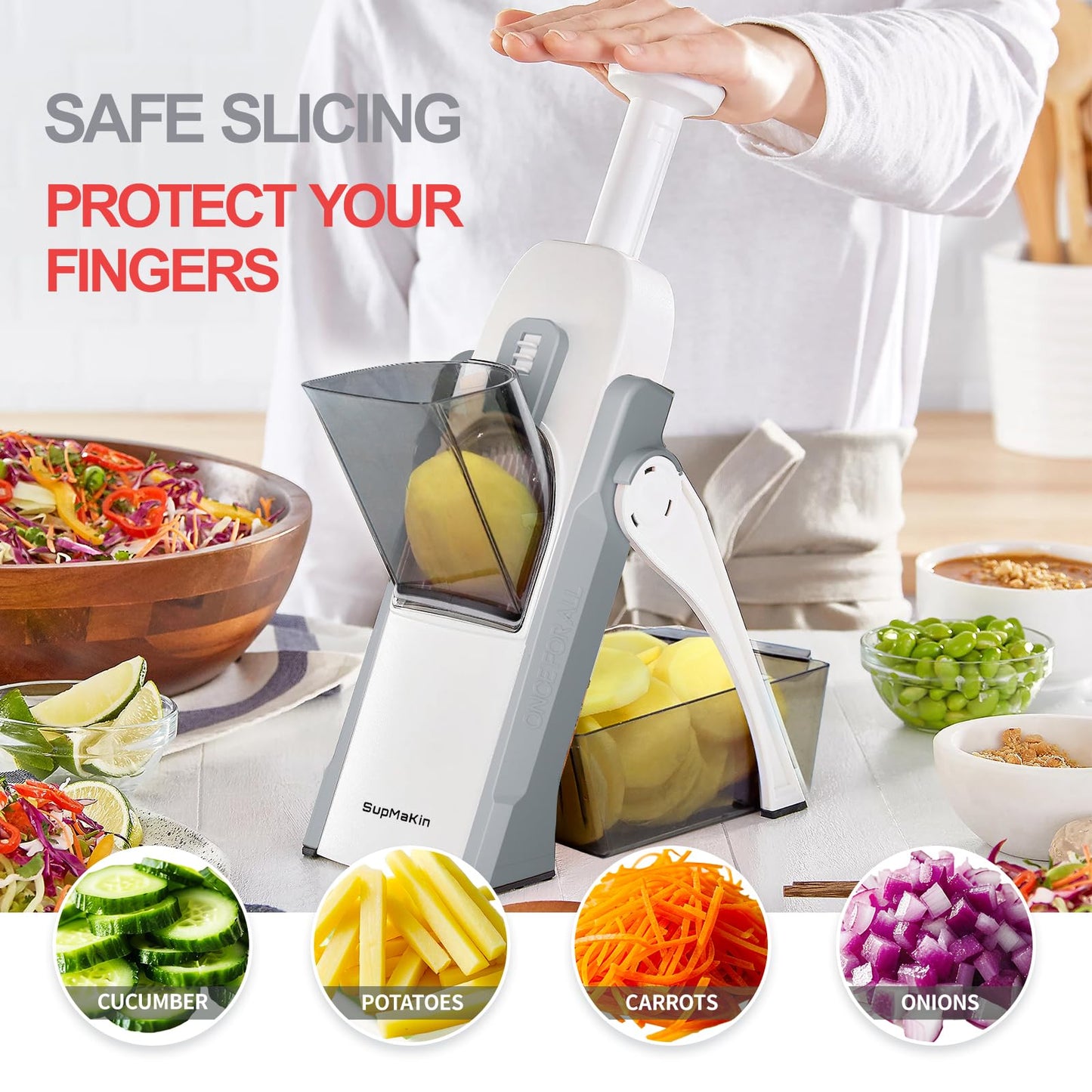 SUPMAKIN Safest Mandoline Vegetable Slicer/Chopper, Potato Chip Cutter, Multifunctional Veg Chopper with 4 Cutting Modes to Slice, Dice, Chop,