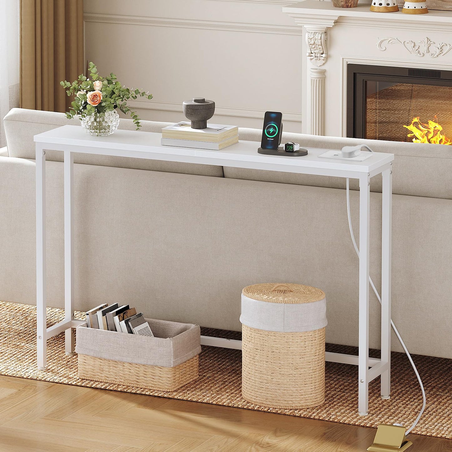 HOOBRO Console Table with Charging Station, 120 cm Slim Console Table for Hallway, Behind Sofa Table, for Entryway, Living Room, Small Spaces