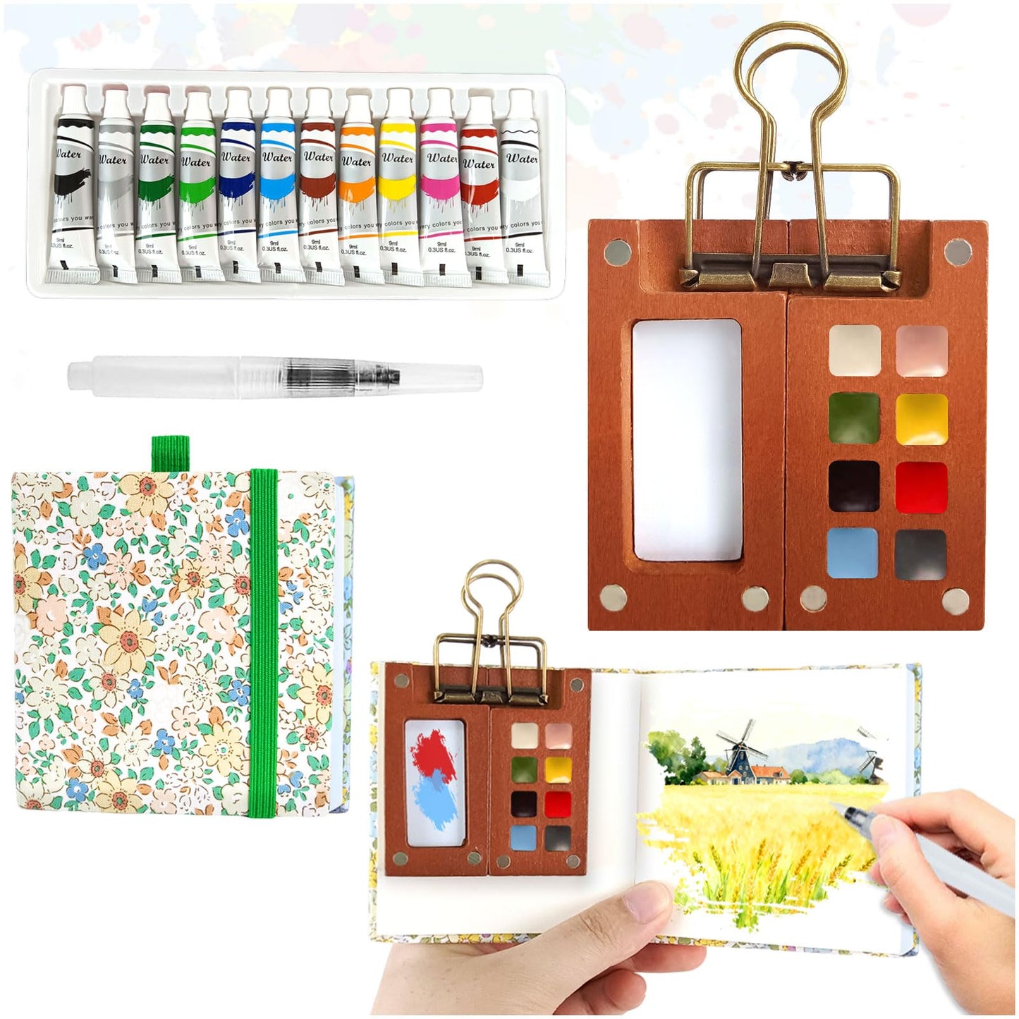 Audasi 5 Pcs Portable Watercolor Palette, 8 Grids Pocket Artist Watercolour Travel Set Mini Watercolour Paint Travel Portable Painting Set with