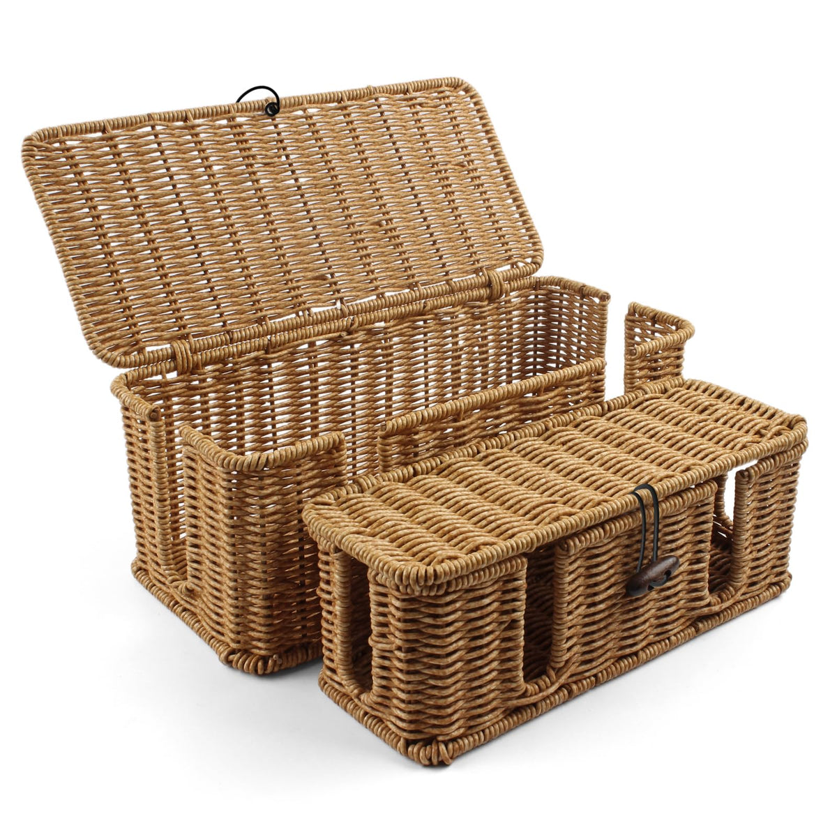 GOZOLA 2 Pack Rattan Cable Management Box, Large Cord Organizer Box with Lid Under Desk Router Hider Storage Box with 4 Exits, Wire Box Hider for TV