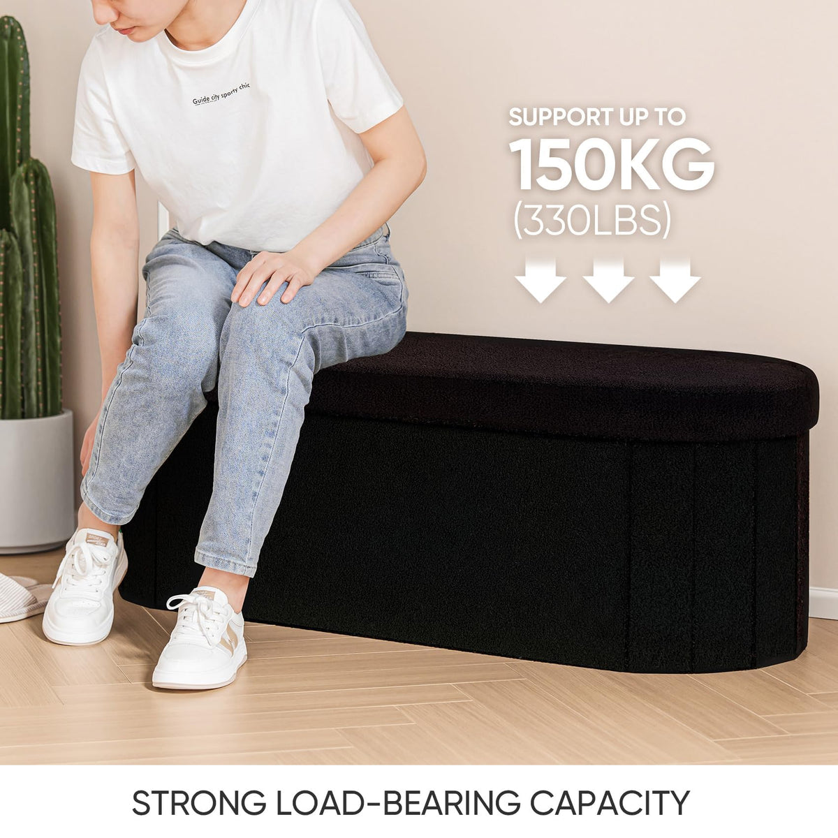 Bonlife Folding Ottoman Storage Bench,Boucle Footstool Oval, End of Bed Stool, Ideal for Living Room, Bedroom, 100L Storage Space,Black