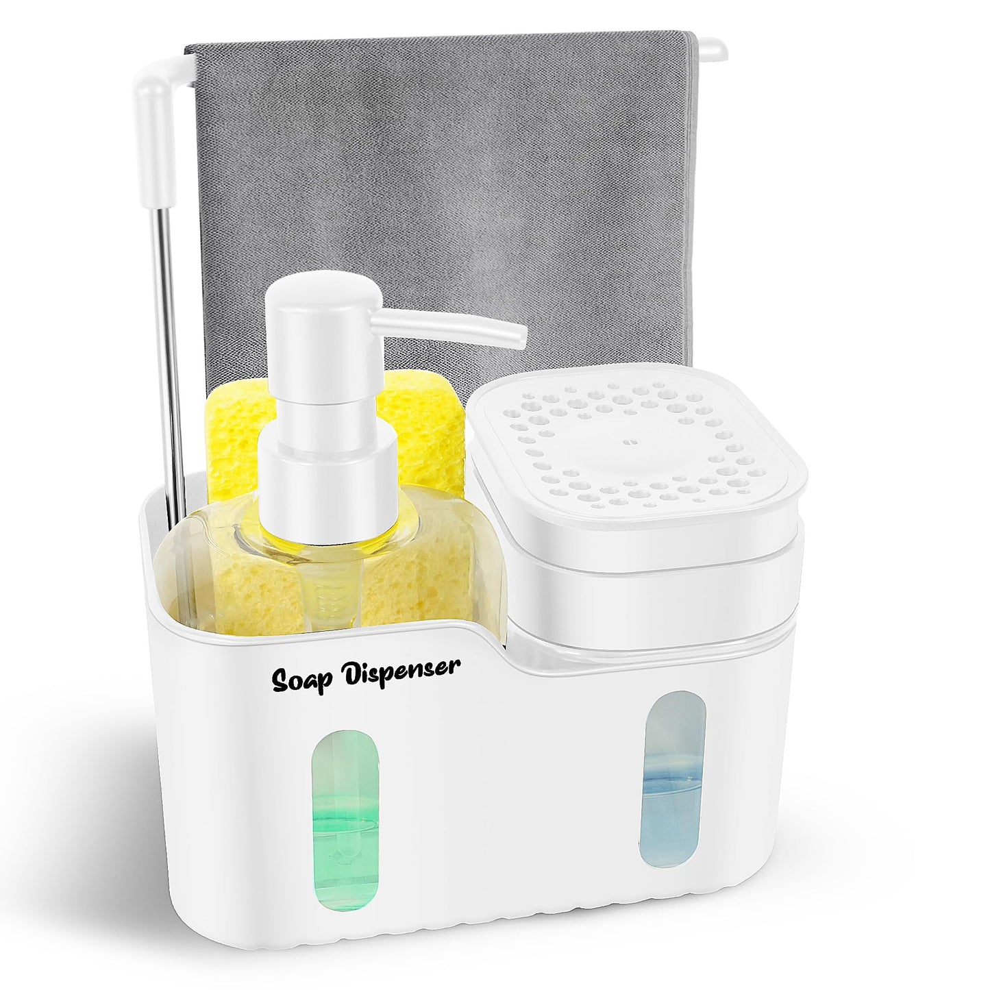 Dual Soap Dispenser Set for Kitchen Sink, 4-in-1 Hand & Dish Soap Dispenser with Sponge Holder, Brush Storage & Dishcloth Hanger, Removable & Non-Slip