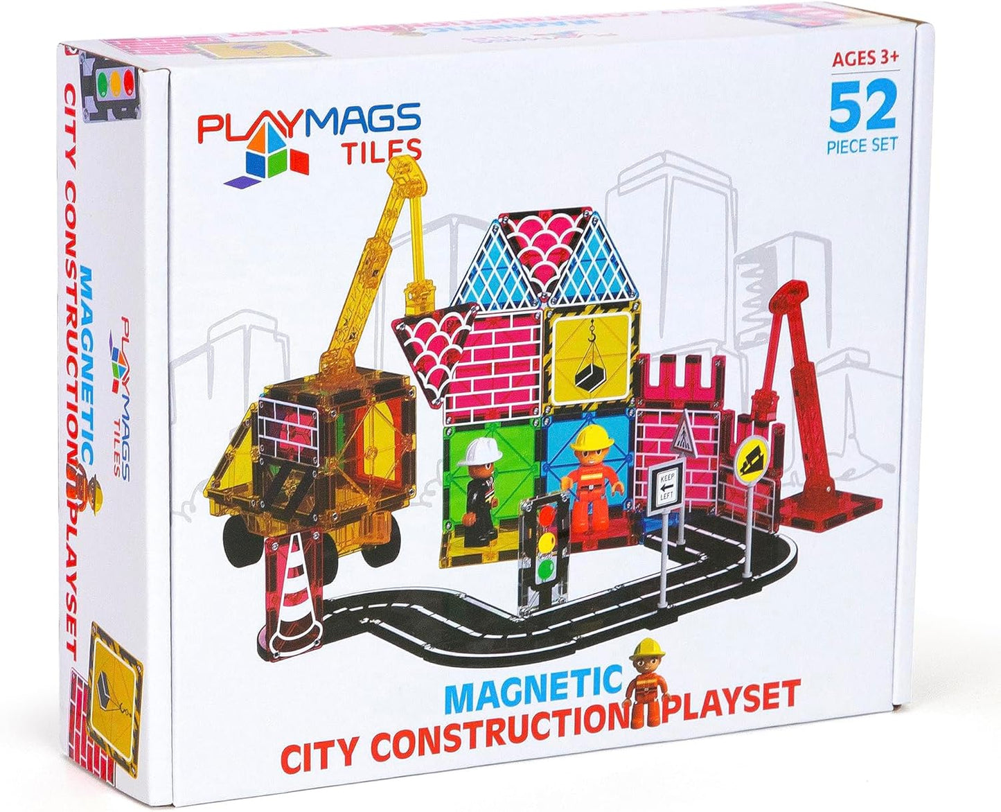 Playmags 52-Piece City Construction Magnetic Tiles Set, Used very good, missing one stand, stickers have been used