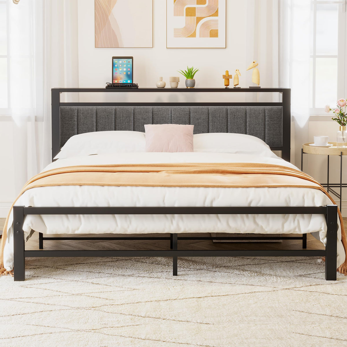 ARFARLY King Size Bed Frame with Storage Headboard, Metal Upholstered Platform Bed Frame King Size/Under Bed Storage/No Box Spring Needed, Dark Gray