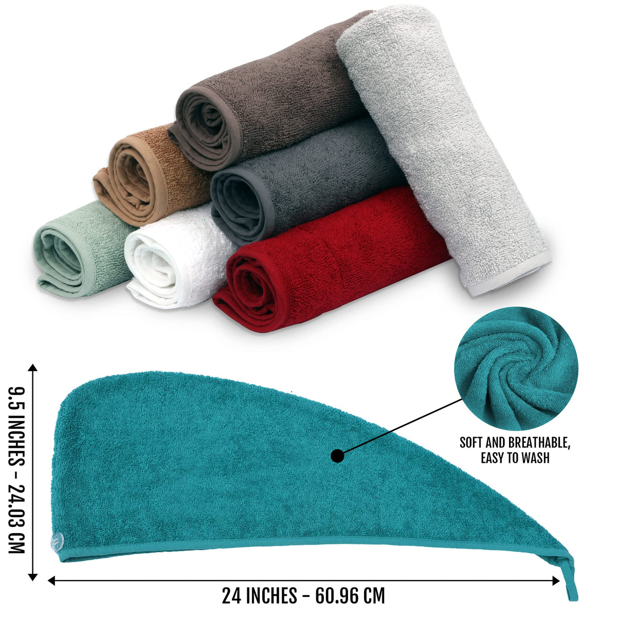 BAVIN LUXURY Hair Towel Wrap 100% Cotton, Instant Drying Lightweight Turban Hair Cap Super Quick Absorbent Anti-Frizz Twist Dry Hat with Button Loop