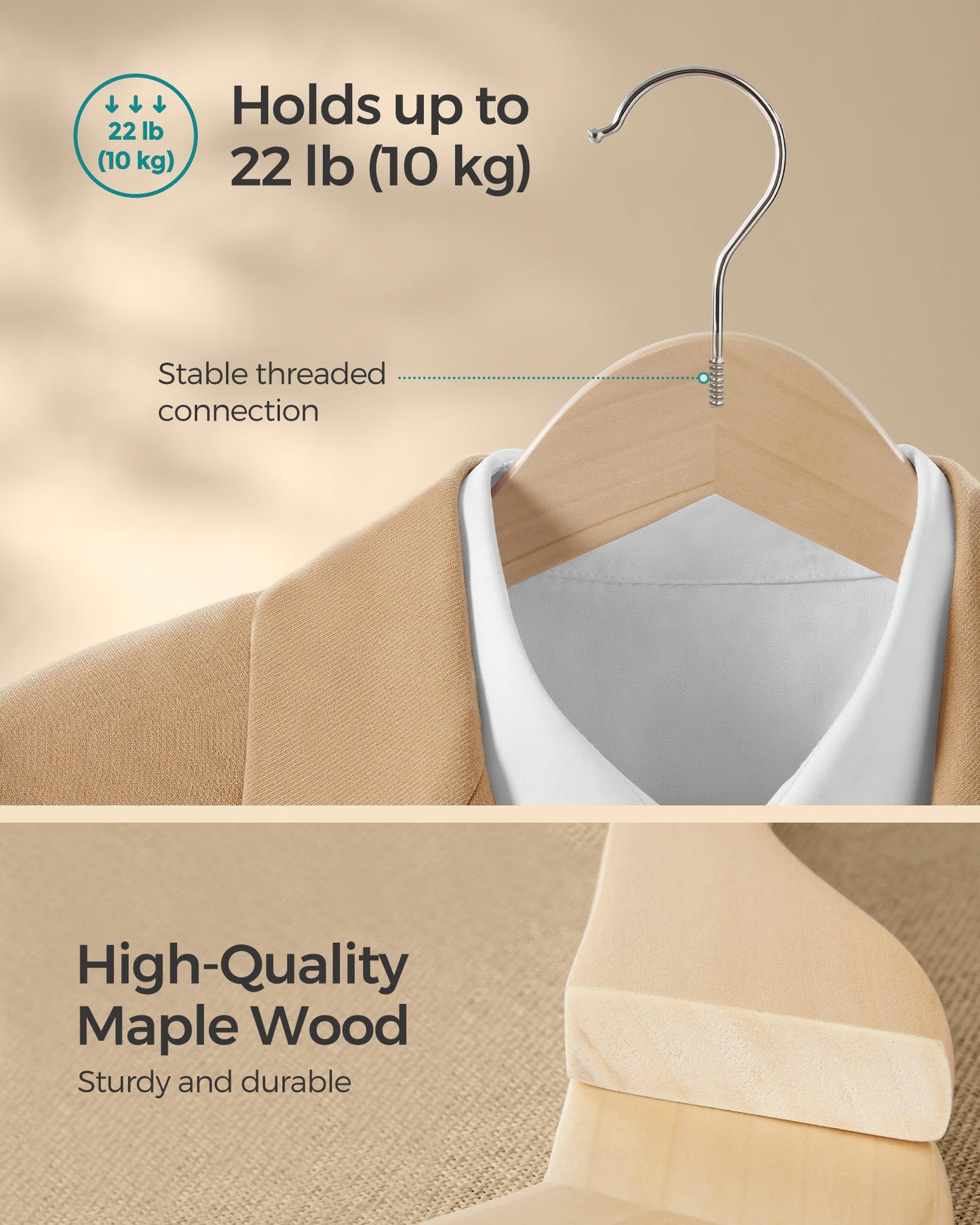 SONGMICS Wooden Hangers, Pack of 48, Coat Hangers, Non-Slip, Pants Bar, 360? Swivel Hooks, for Jackets, Shirts, Coats, Natural Beige CRW010N48