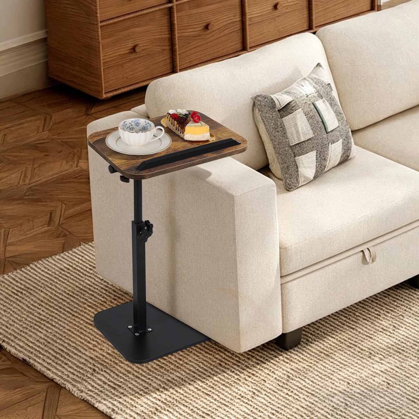 comfoyar C Shaped Side Table Adjustable Height, 360° Swivel 180° Flip Bedside Table with Slat for Sofa Bathtub