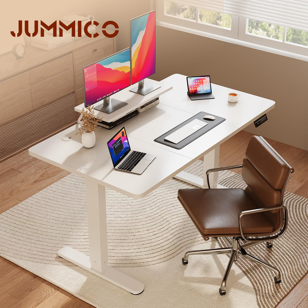 JUMMICO Electric Standing Desk with Monitor Stand, 160x70cm Height Adjustable Desk, Office Table with 2 Memory Smart Pannel,White