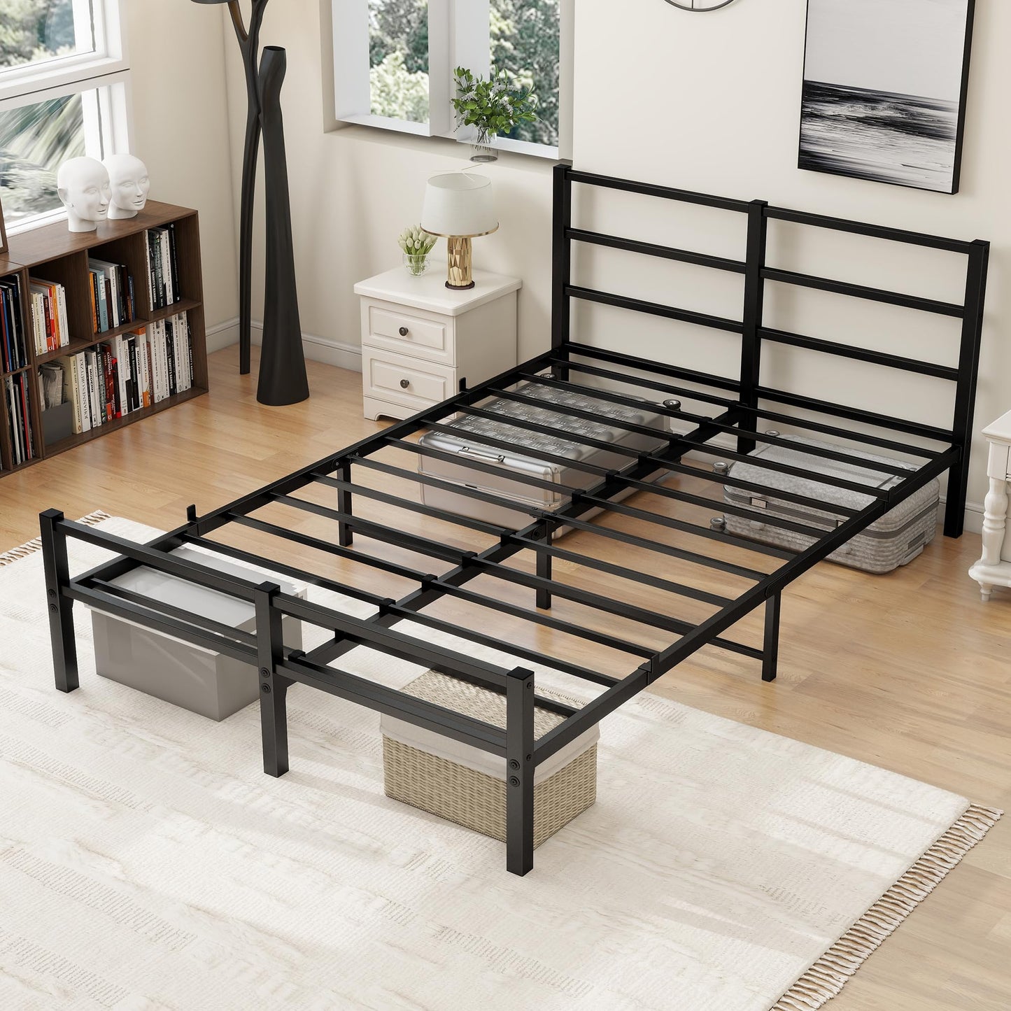 MOFLUT 4ft6 Double Bed Frame with Headboard, Metal Slats Support Platform Bed Frames Double Bed with Storage Under Bed