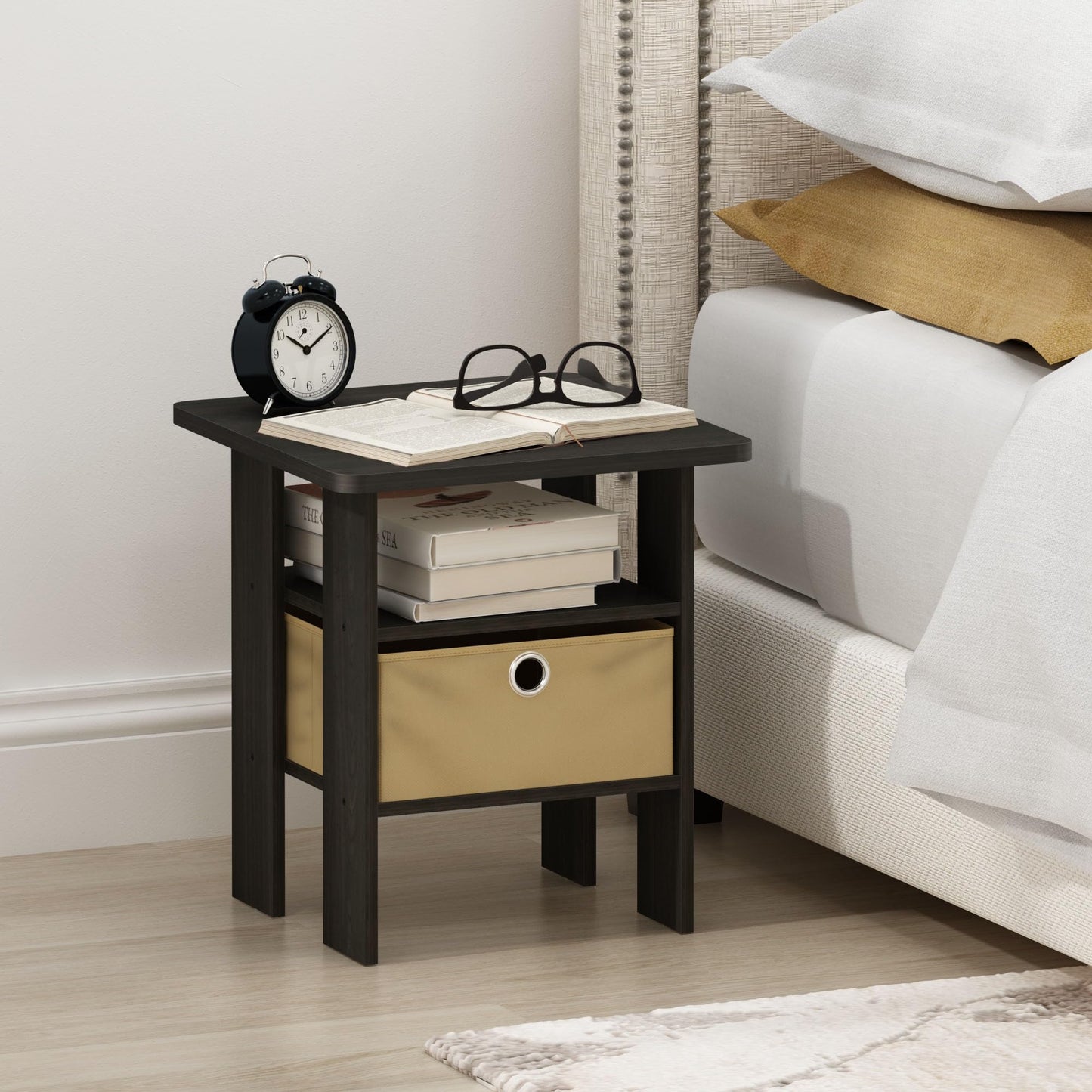Furinno ANDREY Side Table, End Table, Night Stand with Open Shelves and Storage Bin, Bedside Table, for Living Room, Bedroom, Dark Espresso