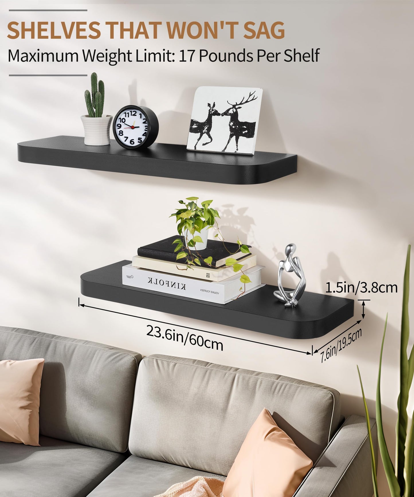 Gronda Black Floating Shelves for Wall, Set of 2 Modern Midcentury Wall Mounted Shelf Curved Edge Design with Large Decor Storage Display Shelf for