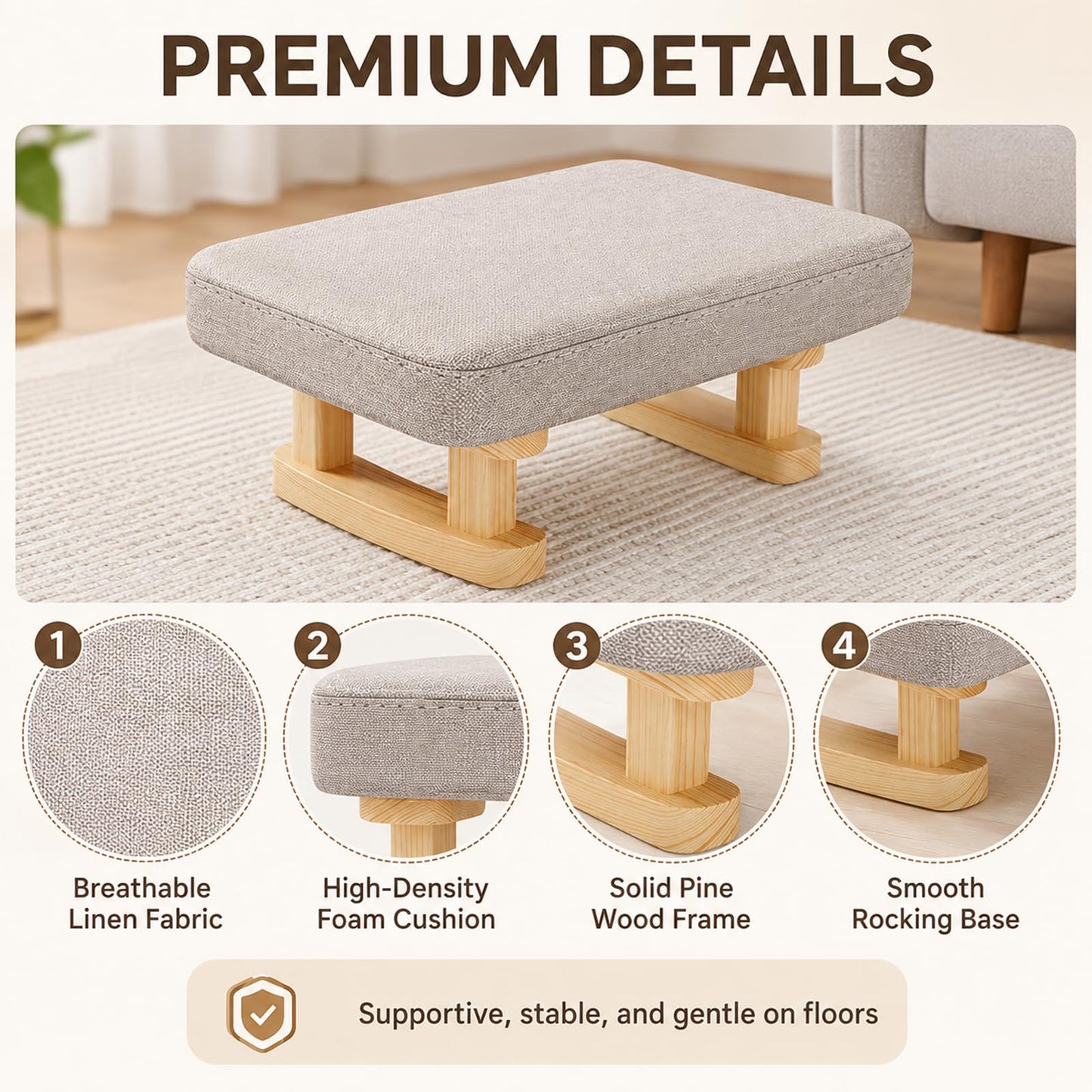 KASURE Ottoman Footstool with Wooden Legs, 41x30x18cm Pouffe Footrest with Removable Washable Cover, Solid Wood Legs Anti-Slip