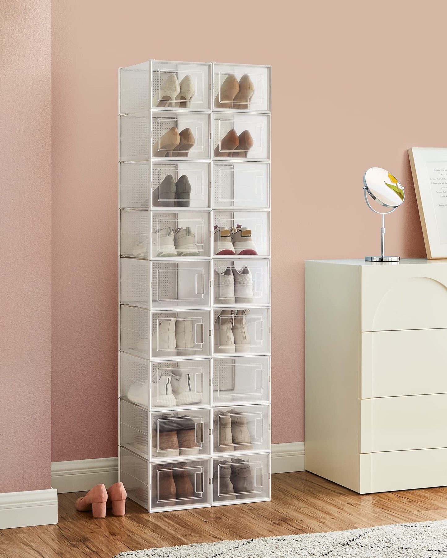 SONGMICS Shoe Boxes, Pack of 18 Stackable Shoe Storage Organisers, Foldable and Versatile for Sneakers, Fit up to UK Size 11.5, Transparent and White