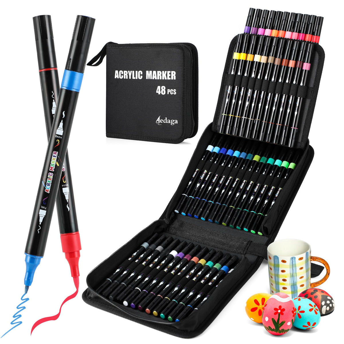 48 Colours Acrylic Paint Markers, Dual Tip Acrylic Paint Pens with Brush Tip and Fine Tip for for Adults, Eggs, Wood, Rock, Canvas, Plastic, Stone,
