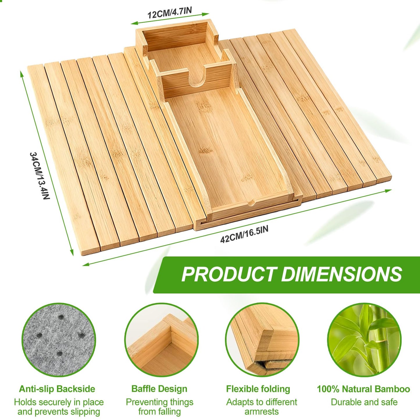 Sofa Arm Tray Natural Wooden, 2-in-1 Foldable Arm Chair Table with Detachable Tray, Anti-Slip Sofa Armrest Organizer for Recliners, Sectionals