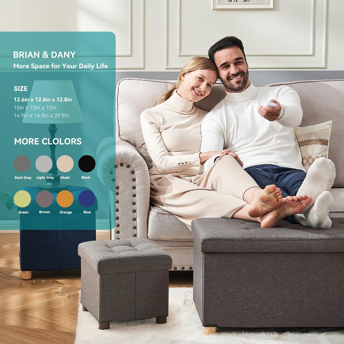 BRIAN & DANY Folding Storage Ottoman with Wood Legs, Linen Foot Stool, Storage Chest with Highly Elastic Sponge Filling, Brown, 38 x 38 x 38 cm