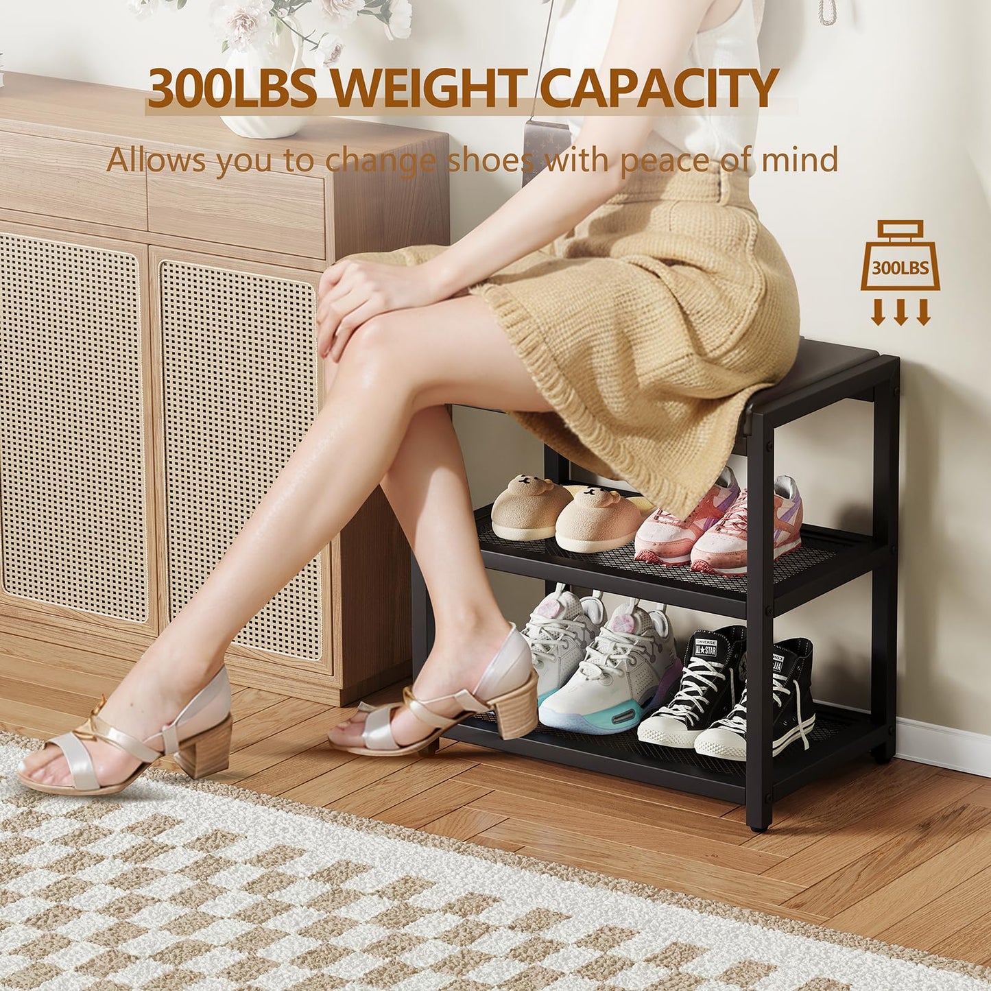 ZHOOGE Shoe Bench Shoe Rack Storage Bench Entryway Bench Shoe Shelf with Seat Cushion, Stable Shoe Organizer for Entryway, Living Room