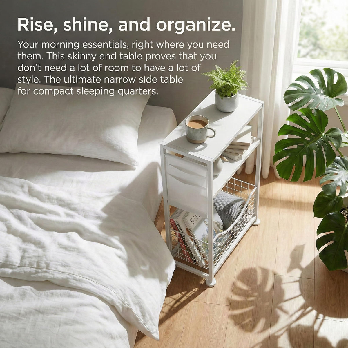 ZEXVIDA Narrow Side Table, 3-Tier Slim End Table with Magazine Holder and Fabric Storage