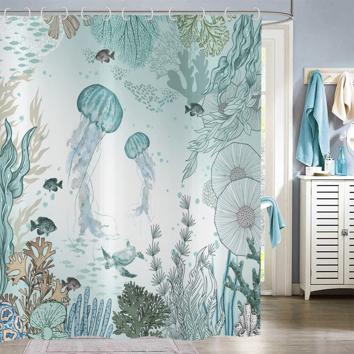 Hnmdmyi Jellyfish Shower Curtain 180x200, Nautical Coastal Tropical Fish Coral Teal Ocean Themed Underwater Marine Life Bathroom Curtains Waterproof