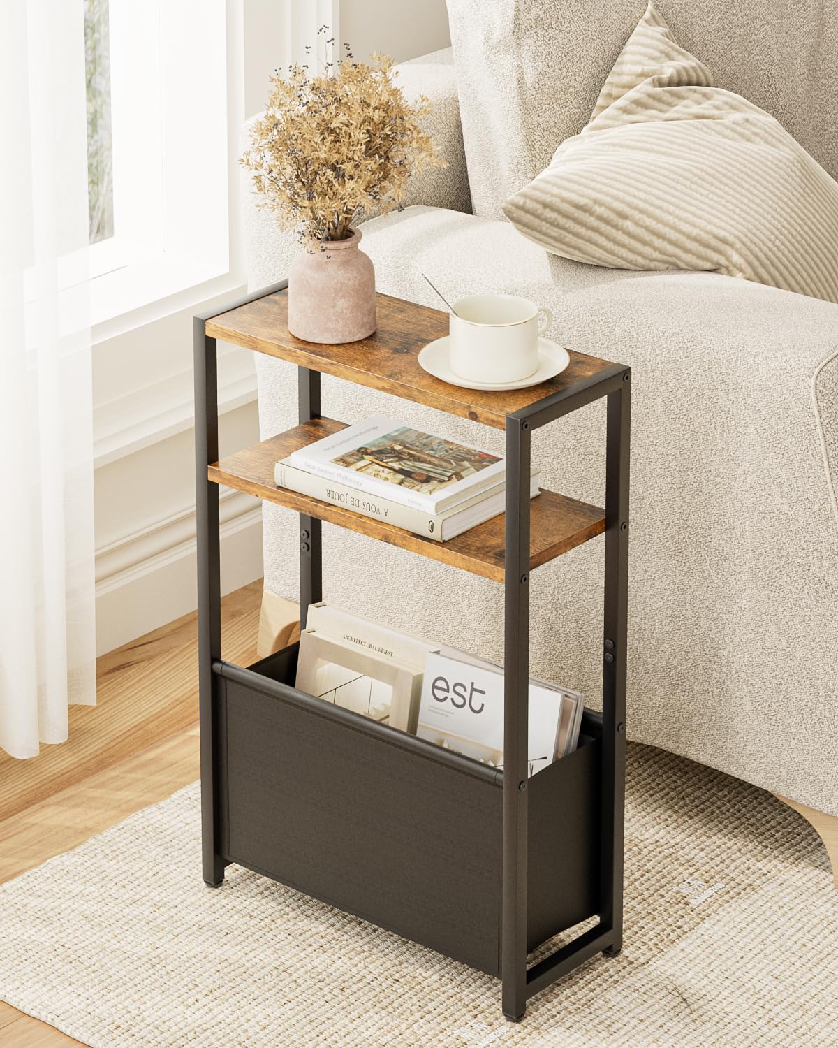 Apetaccat Narrow Side Table for Small Spaces, Small End Table with Storage Basket, Slim Bedside Table for Bedroom