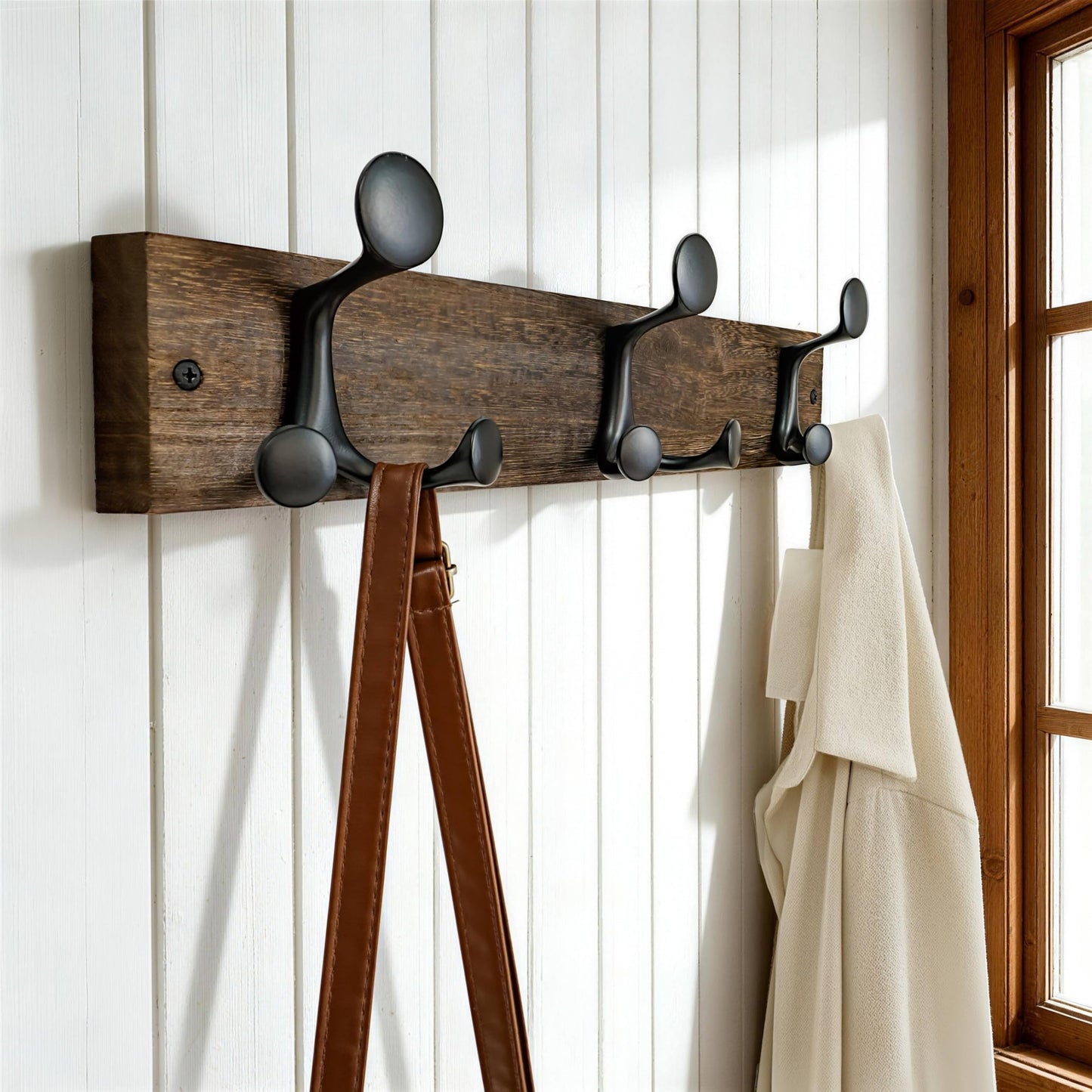 SKOLOO 43cm Wood Burnt Coat Rack Wall Mount with 3 Triple Hooks - Ideal for Family Entrances, Classrooms, and Pet Supplies Storage