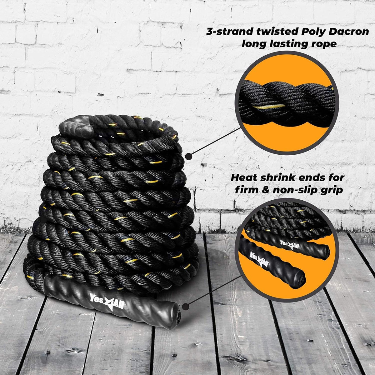 Yes4All NC7X Battle Rope, 50 mm - 9 m Training Rope, Exercise Rope 38 mm/50 mm Diameter Poly Dacron 9m/12m/15m Length, Without Anchor + Strap
