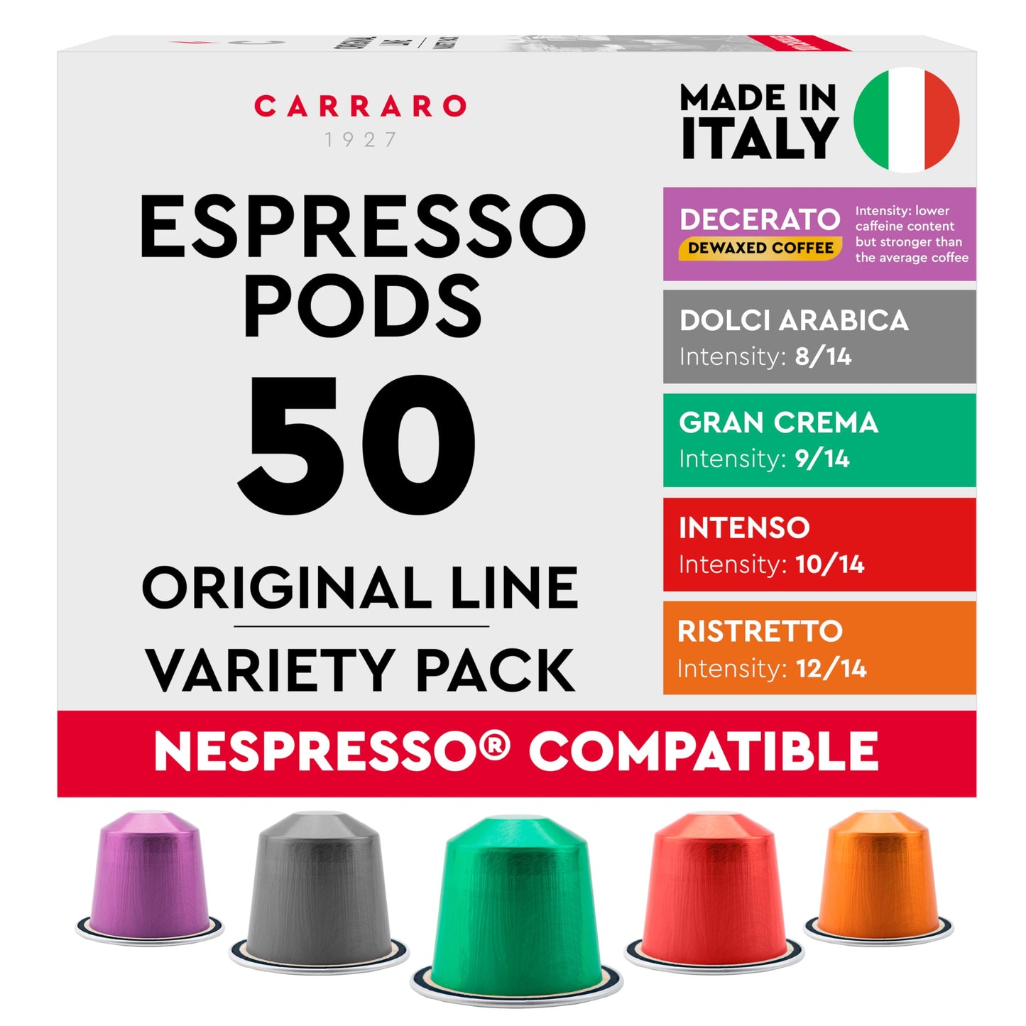 Carraro Variety Pack - 50 Aluminium Coffee Pods Compatible with Nespresso Original line - Medium & Dark Roast Coffee Capsules Made in Italy