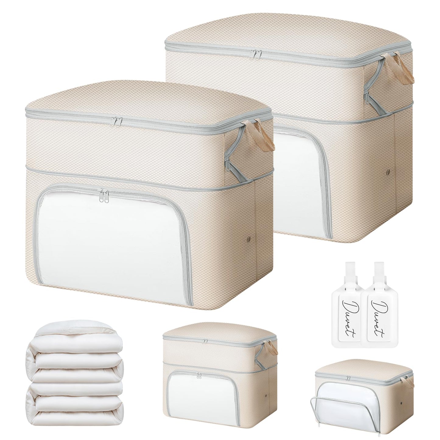 DIMJ Compression Duvet Storage Bags - 2 Pack 200L Self No Pump Compress Bags Bedding Box with Clear Front-Opening Window Dual Handles and Labels for