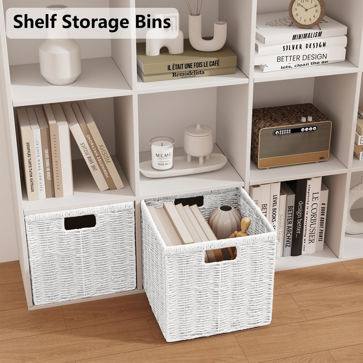 Vagusicc Wicker Storage Basket, Foldable Storage Cubes Organizer Bins, Handwoven Storage Baskets for Shelves Closet Wardrobe Bathroom