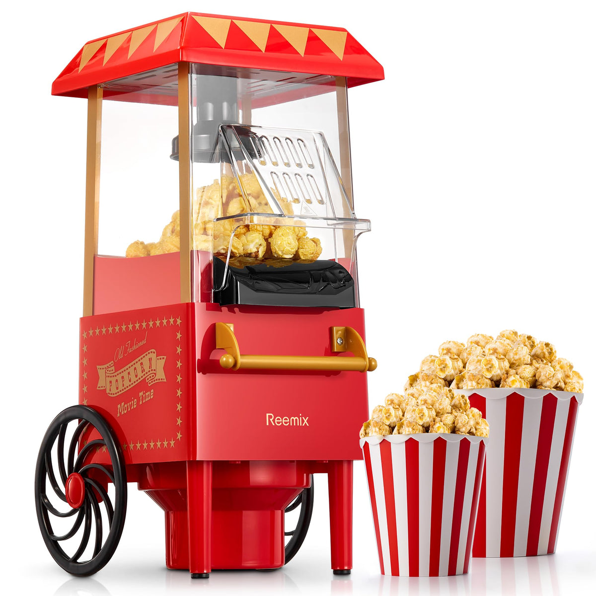 Popcorn Maker, Reemix 1200W Electric Popcorn Machine, No Oil, Homemade Fresh Popcorn in Under 3 Minutes, Uses Hot Air, Detachable Cover, Parties,
