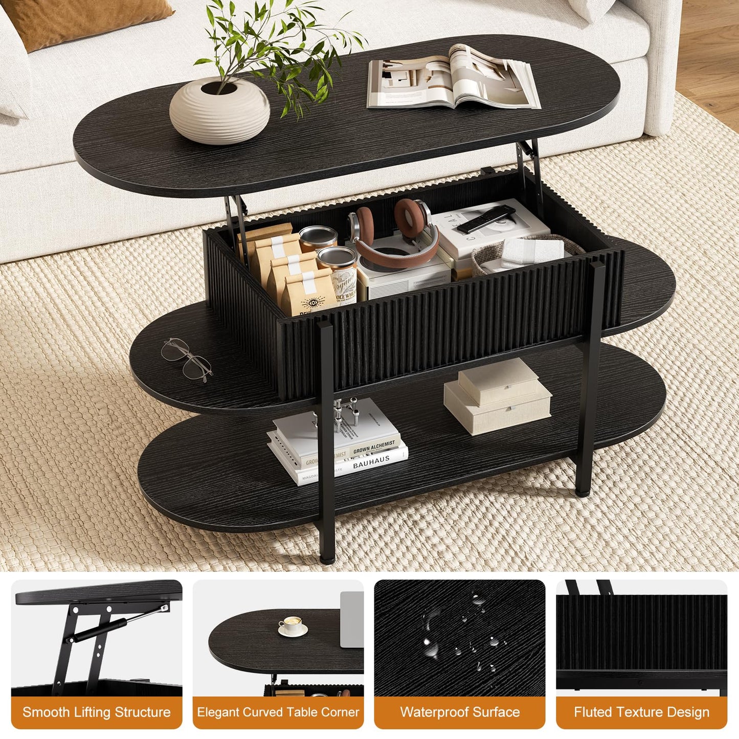 Mossora 106cm Oval Fluted Lift Top Coffee Table with Hidden Storage, Black