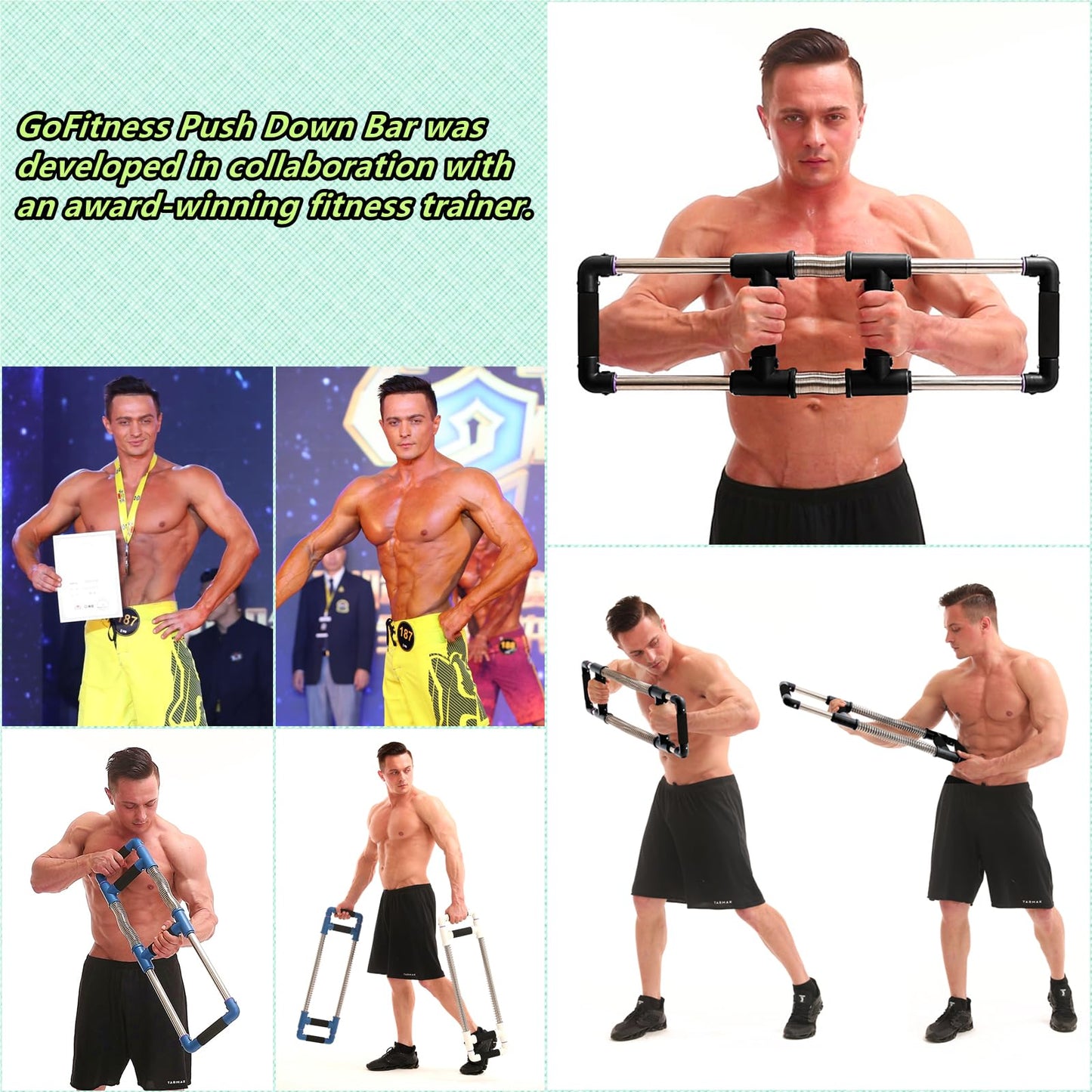 GoFitness Push Down Bar Machine - Chest Expander at Home Workout Equipment, Arm Exerciser - Portable Spring Resistance Exercise Gym Kit for Home,